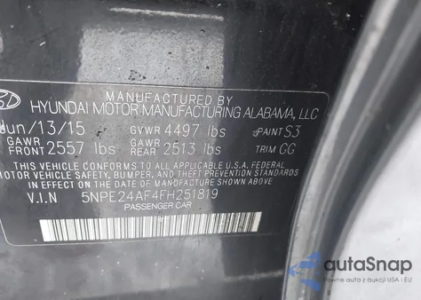 2015 Hyundai Sonata Se from USA, damaged, VIN 5NPE24AF4FH251819